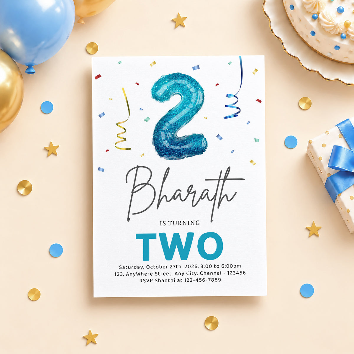 Blue Balloon Two 2nd Birthday Invitation | Digital & Printed