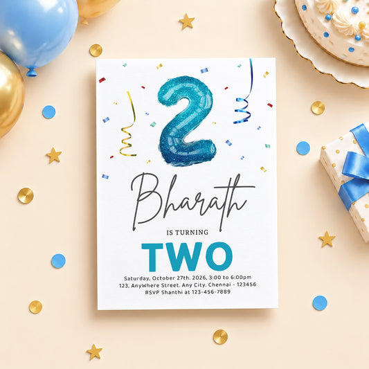 Blue Balloon Two 2nd Birthday Invitation | Digital & Printed