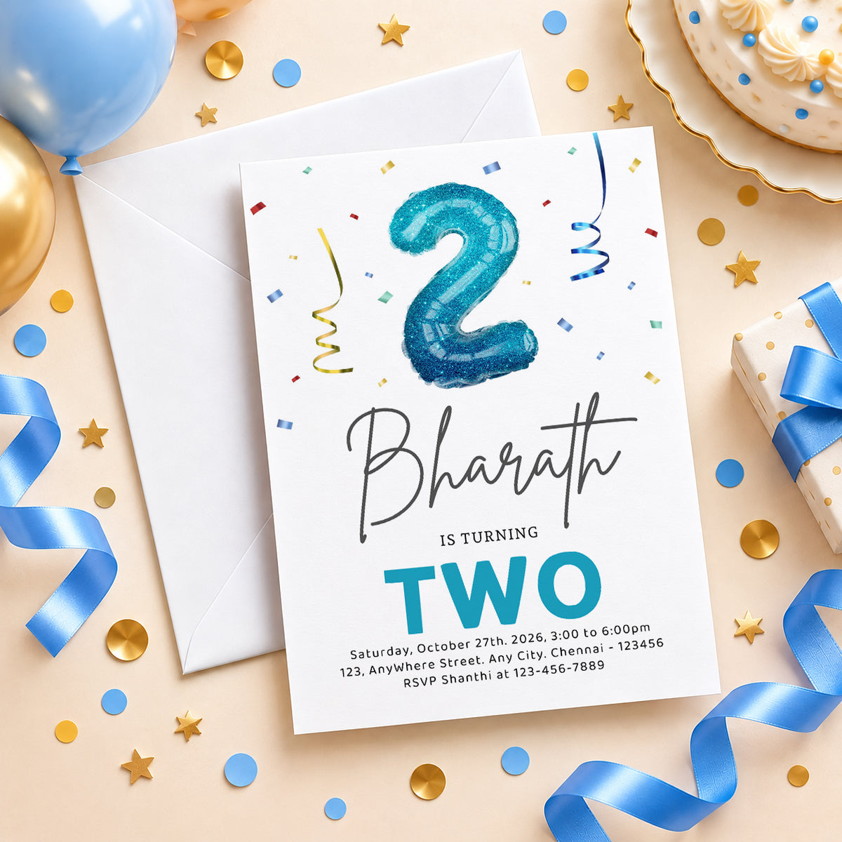 Blue Balloon Two 2nd Birthday Invitation | Digital & Printed
