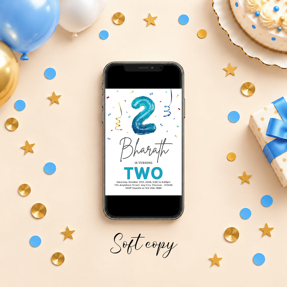Blue Balloon Two 2nd Birthday Invitation | Digital & Printed