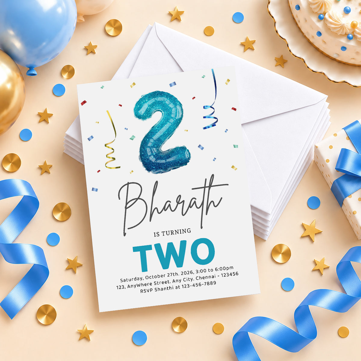 Blue Balloon Two 2nd Birthday Invitation | Digital & Printed