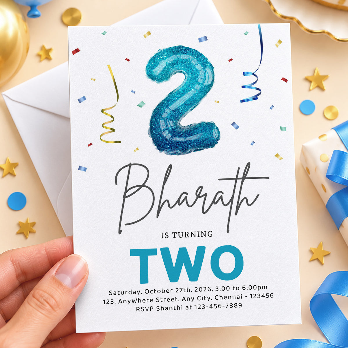 Blue Balloon Two 2nd Birthday Invitation | Digital & Printed