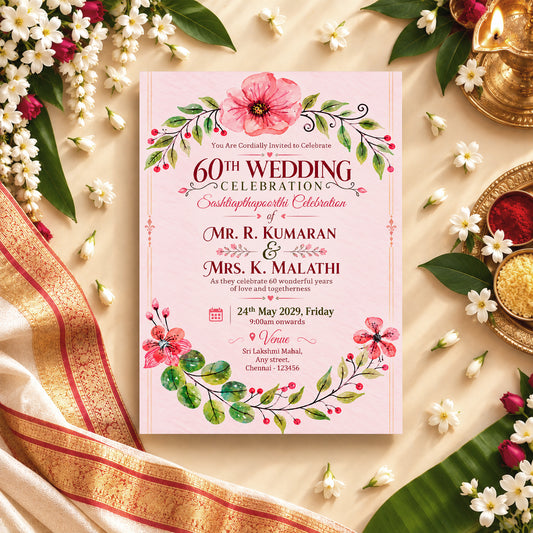 Blush Watercolor Floral 60th Wedding Invitation | Digital & Printed