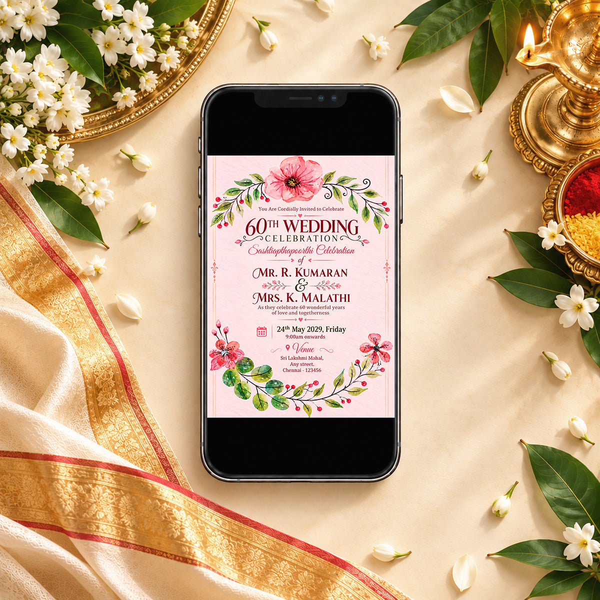 Blush Watercolor Floral 60th Wedding Invitation | Digital & Printed