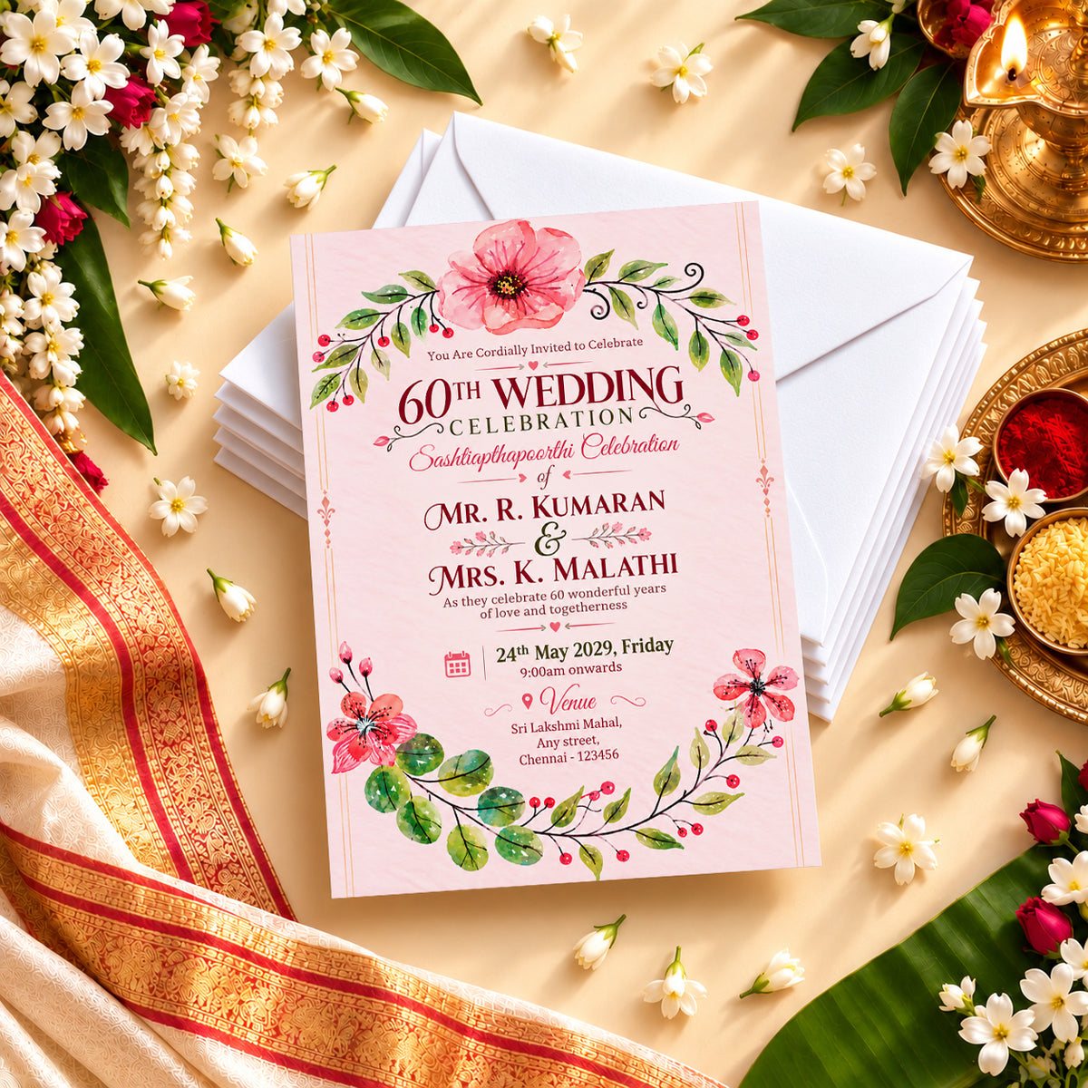 Blush Watercolor Floral 60th Wedding Invitation | Digital & Printed