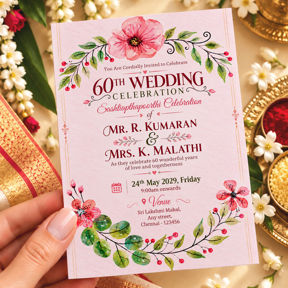 Blush Watercolor Floral 60th Wedding Invitation | Digital & Printed