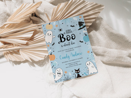 Editable Blue A Little Boo Baby Shower Invitation, Boy Halloween Baby Shower Invite, Ghost Halloween Baby Shower Invite Printable, 0375