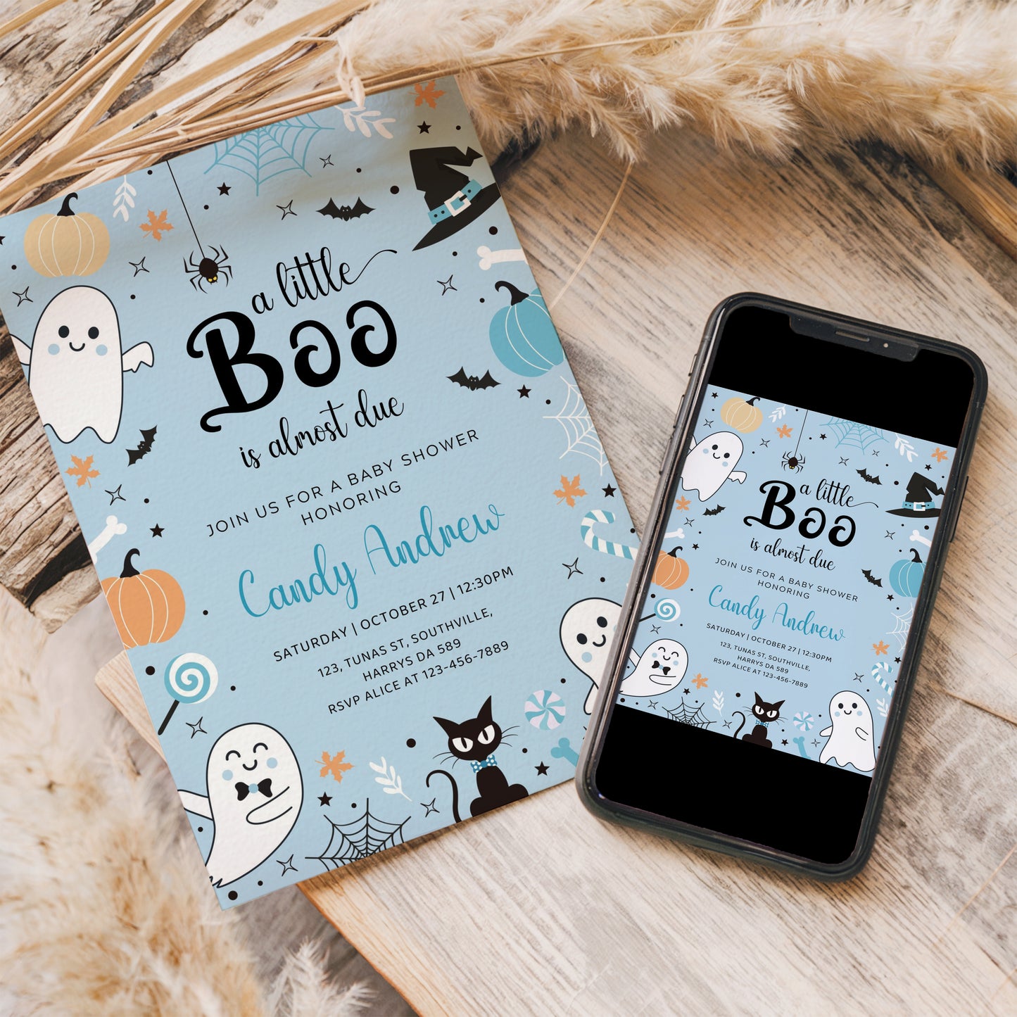 Editable Blue A Little Boo Baby Shower Invitation, Boy Halloween Baby Shower Invite, Ghost Halloween Baby Shower Invite Printable, 0375