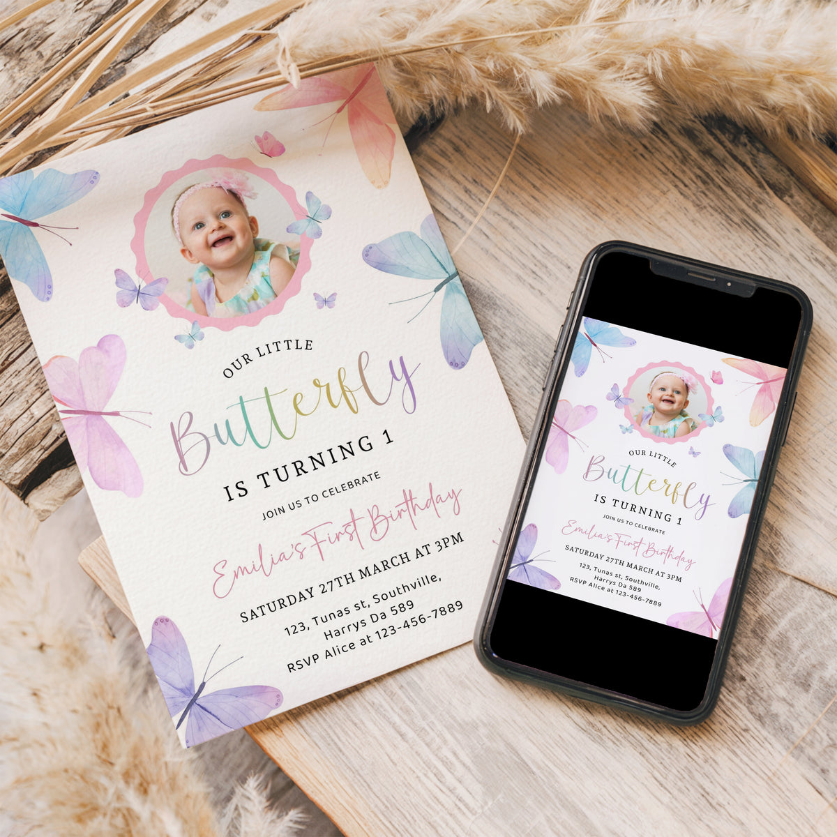 Butterfly Birthday Invitation with Photo, Any age, 1st Birthday Printable Pinks Purple Party Editable Template Instant download, Evite 0567