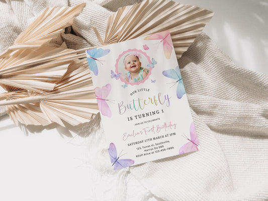 Butterfly Birthday Invitation with Photo, Any age, 1st Birthday Printable Pinks Purple Party Editable Template Instant download, Evite 0567