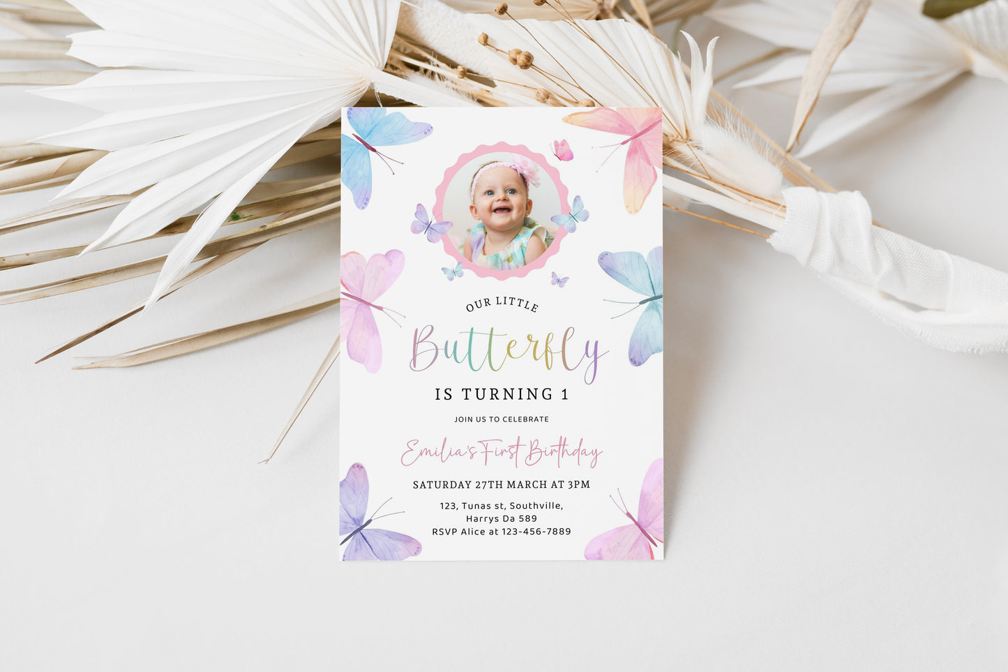 Butterfly Birthday Invitation with Photo, Any age, 1st Birthday Printable Pinks Purple Party Editable Template Instant download, Evite 0567