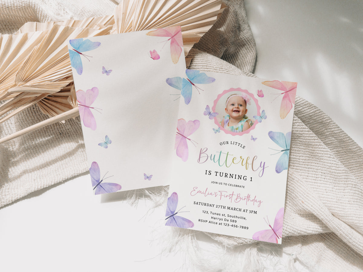 Butterfly Birthday Invitation with Photo, Any age, 1st Birthday Printable Pinks Purple Party Editable Template Instant download, Evite 0567