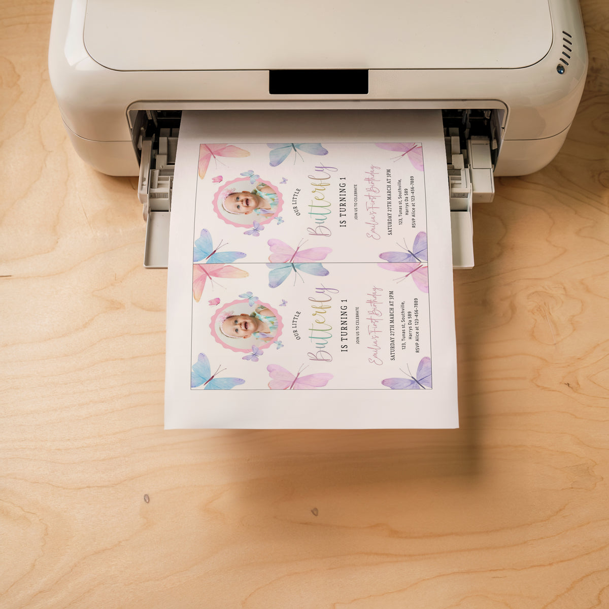 Butterfly Birthday Invitation with Photo, Any age, 1st Birthday Printable Pinks Purple Party Editable Template Instant download, Evite 0567