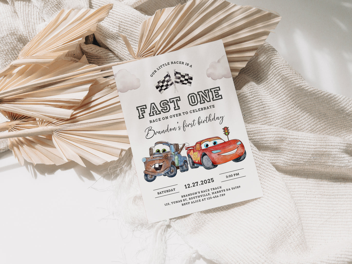 Cars Fast One Birthday Invitation Template, Printable Invitation, Boy Birthday, Evite, Digital Invite 0623