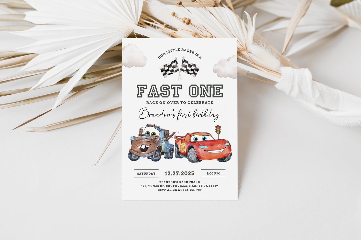 Cars Fast One Birthday Invitation Template, Printable Invitation, Boy Birthday, Evite, Digital Invite 0623