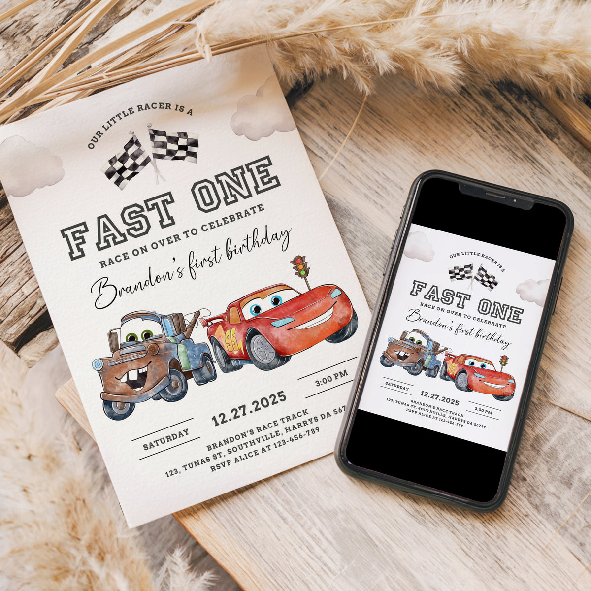 Cars Fast One Birthday Invitation Template, Printable Invitation, Boy Birthday, Evite, Digital Invite 0623