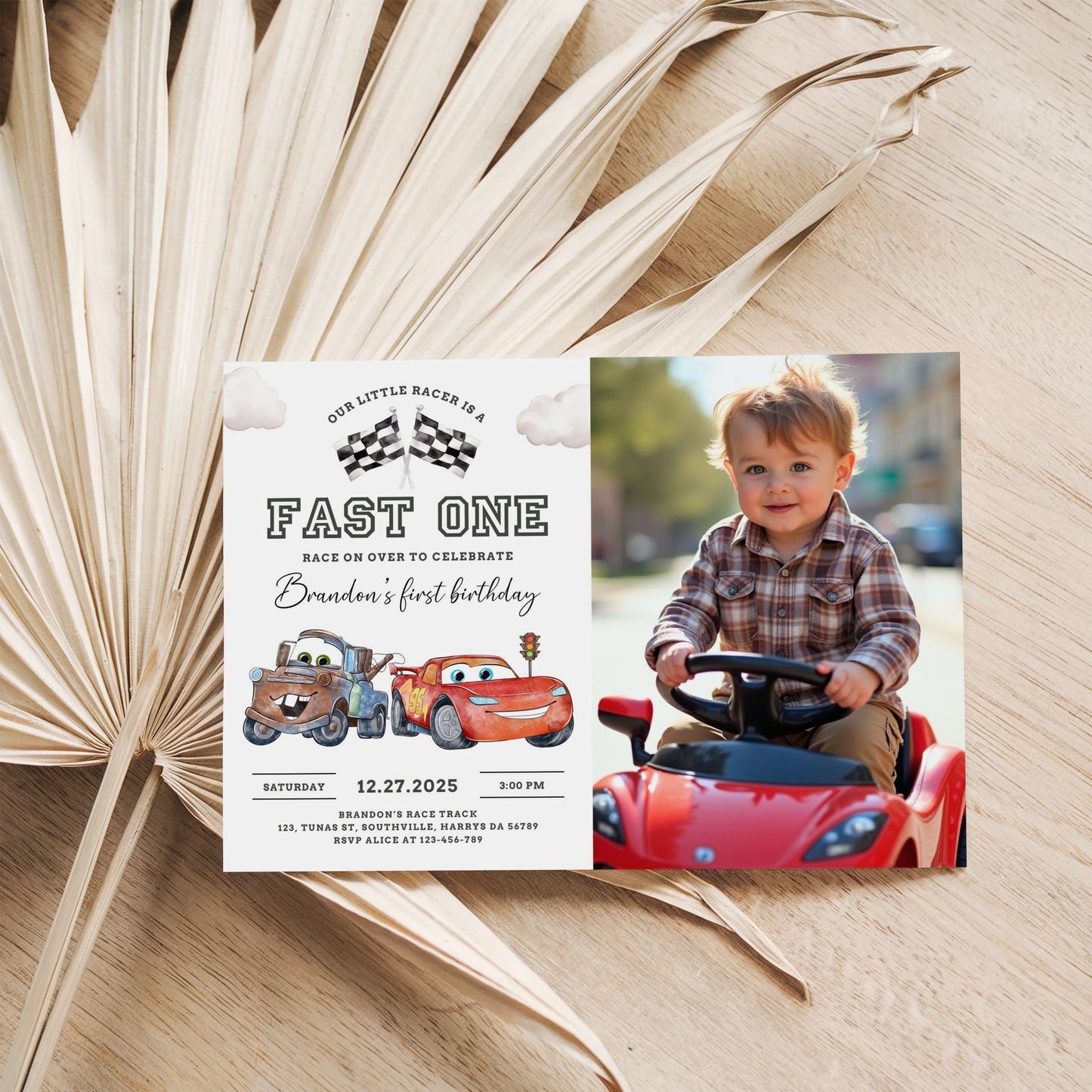 Editable Fast One Birthday Invitation with photo, Cars Lighting McQueen Invitation, Race Car 1st Birthday with a picture, Digital Canva 0623