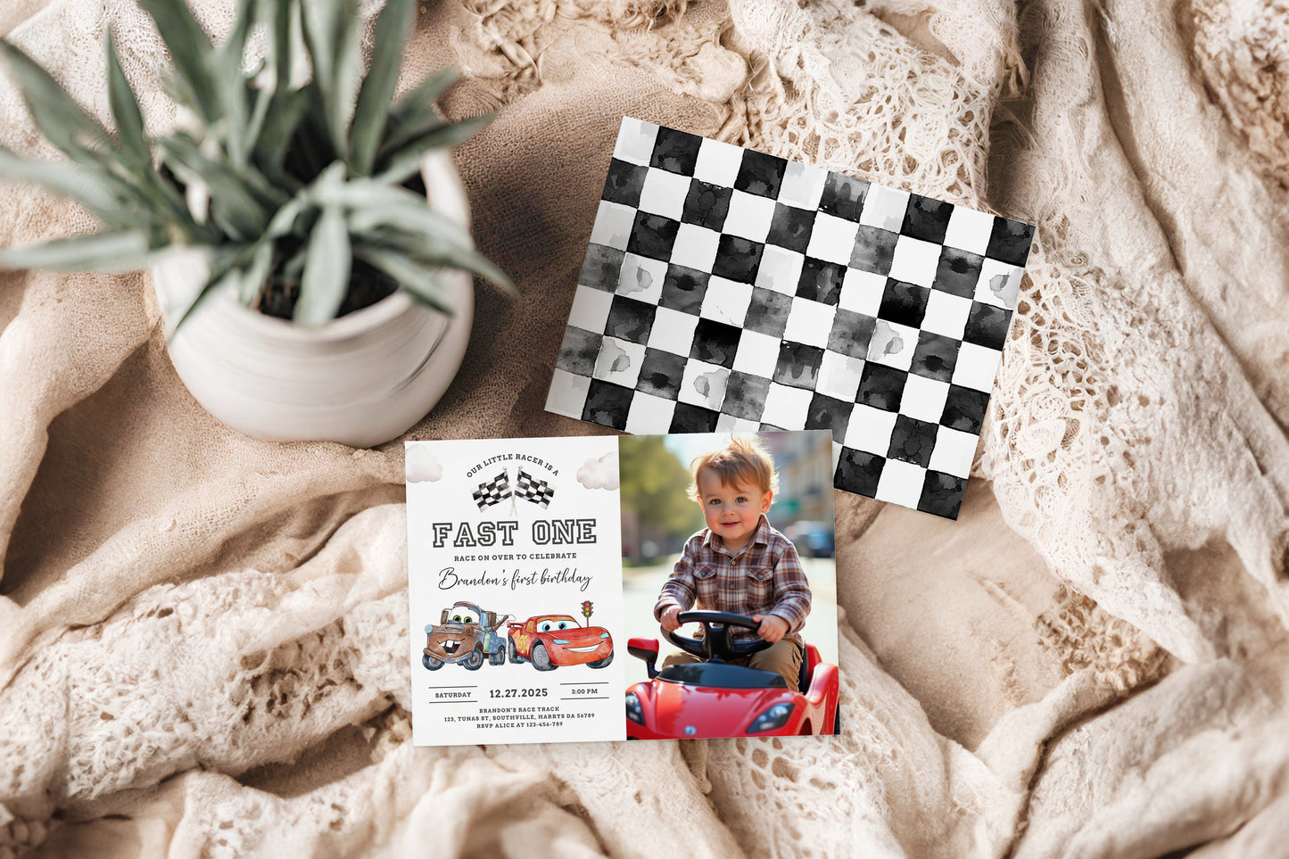 Editable Fast One Birthday Invitation with photo, Cars Lighting McQueen Invitation, Race Car 1st Birthday with a picture, Digital Canva 0623