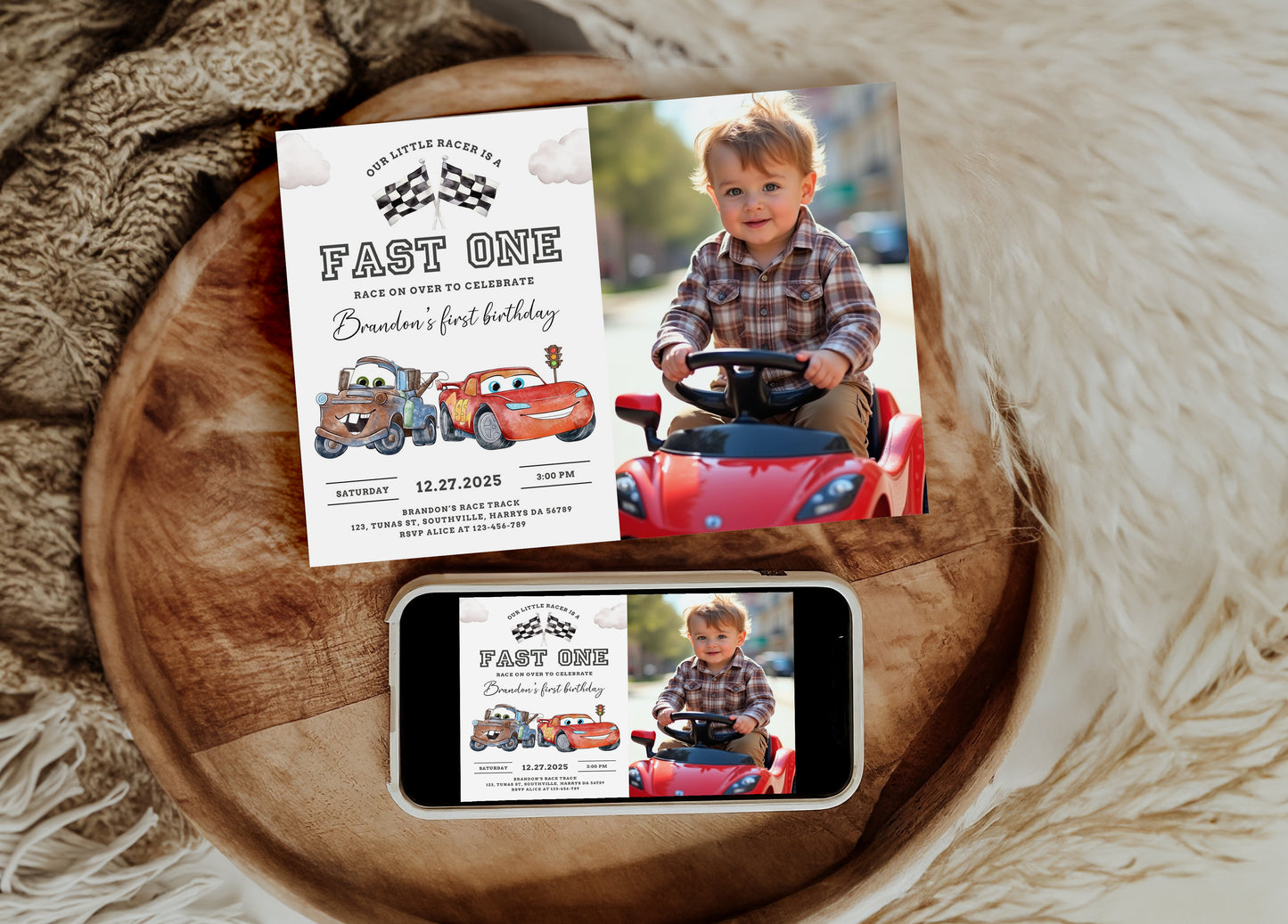 Editable Fast One Birthday Invitation with photo, Cars Lighting McQueen Invitation, Race Car 1st Birthday with a picture, Digital Canva 0623