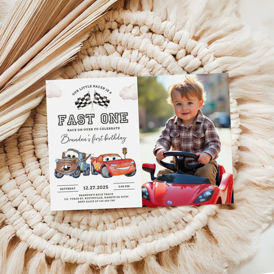 Editable Fast One Birthday Invitation with photo, Cars Lighting McQueen Invitation, Race Car 1st Birthday with a picture, Digital Canva 0623
