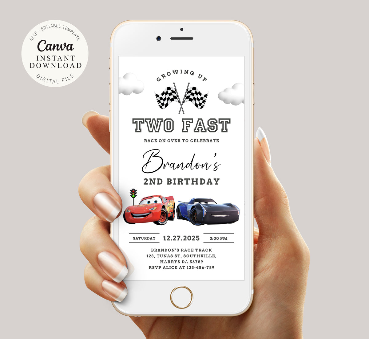 Cars Birthday Invitation | Two Fast | Lightning McQueen Evite, Editable Personalized  Digital Invitation, Mobile, Phone Invite 0736