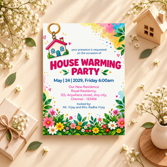 Colorful Floral Keychain Poster Housewarming Invitation | Griha Pravesh