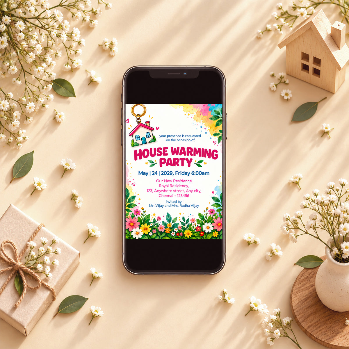 Colorful Floral Keychain Poster Housewarming Invitation | Griha Pravesh