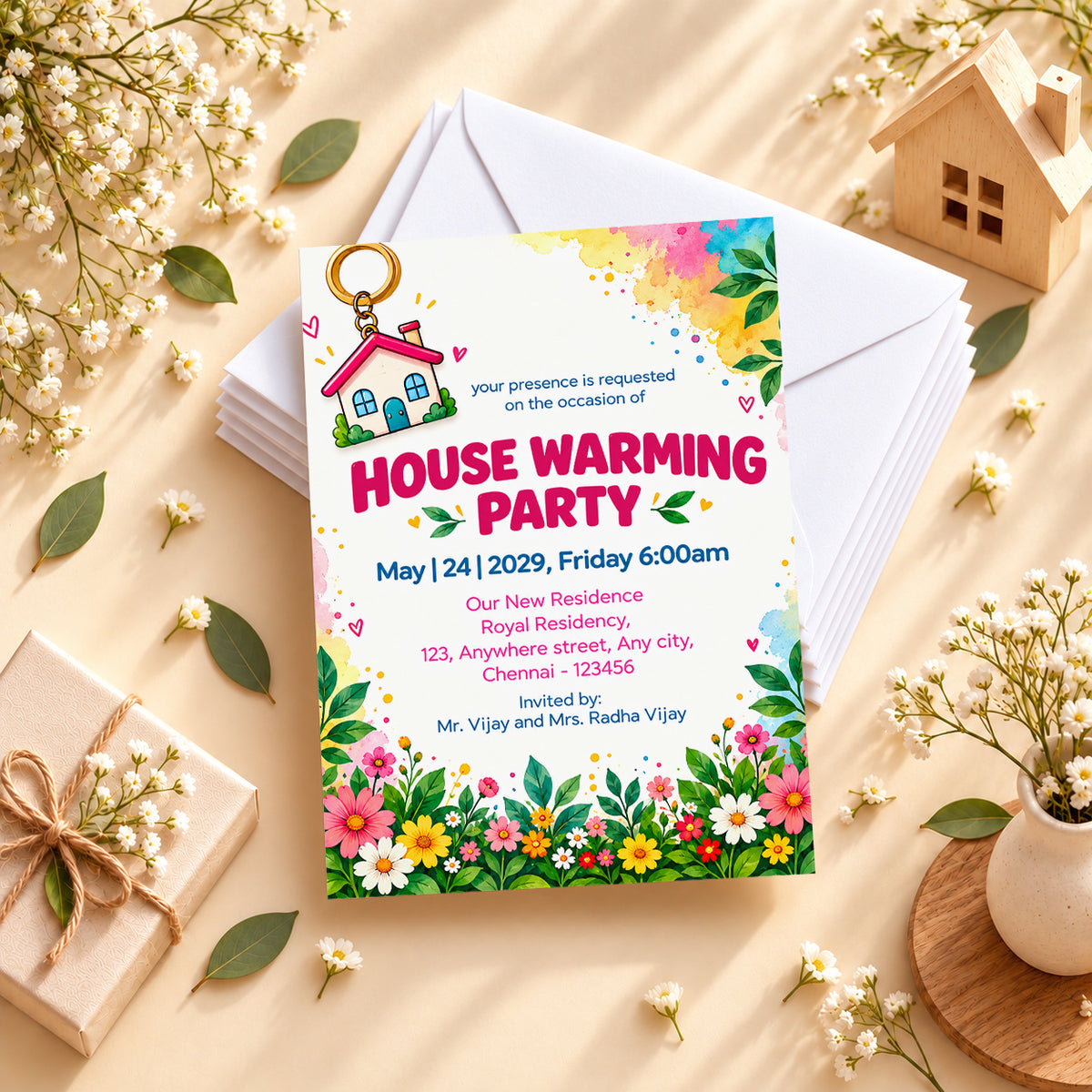 Colorful Floral Keychain Poster Housewarming Invitation | Griha Pravesh