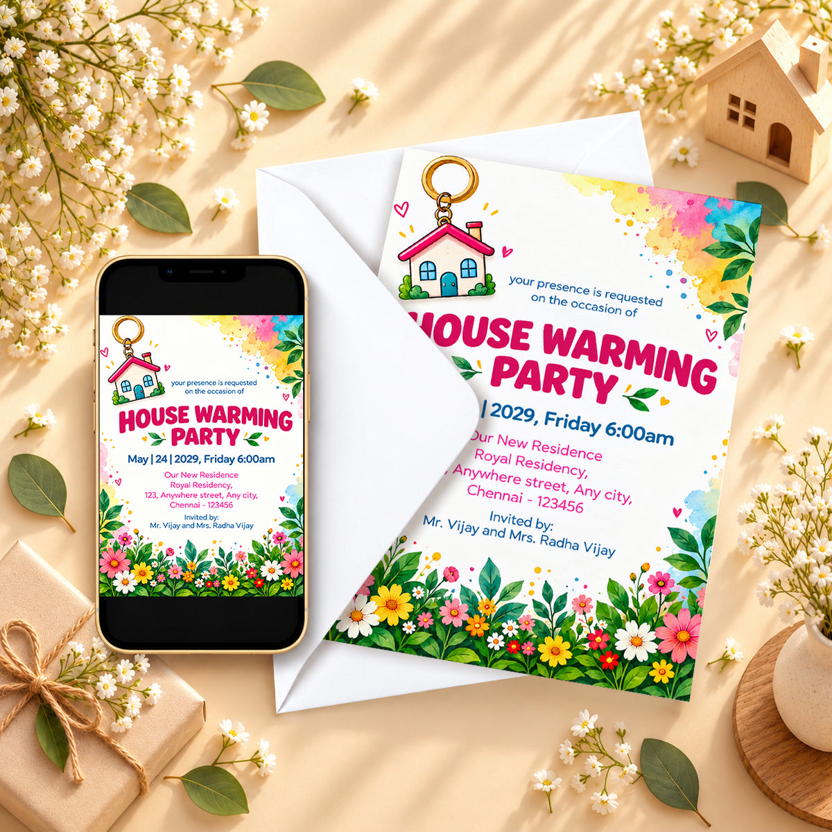 Colorful Floral Keychain Poster Housewarming Invitation | Griha Pravesh