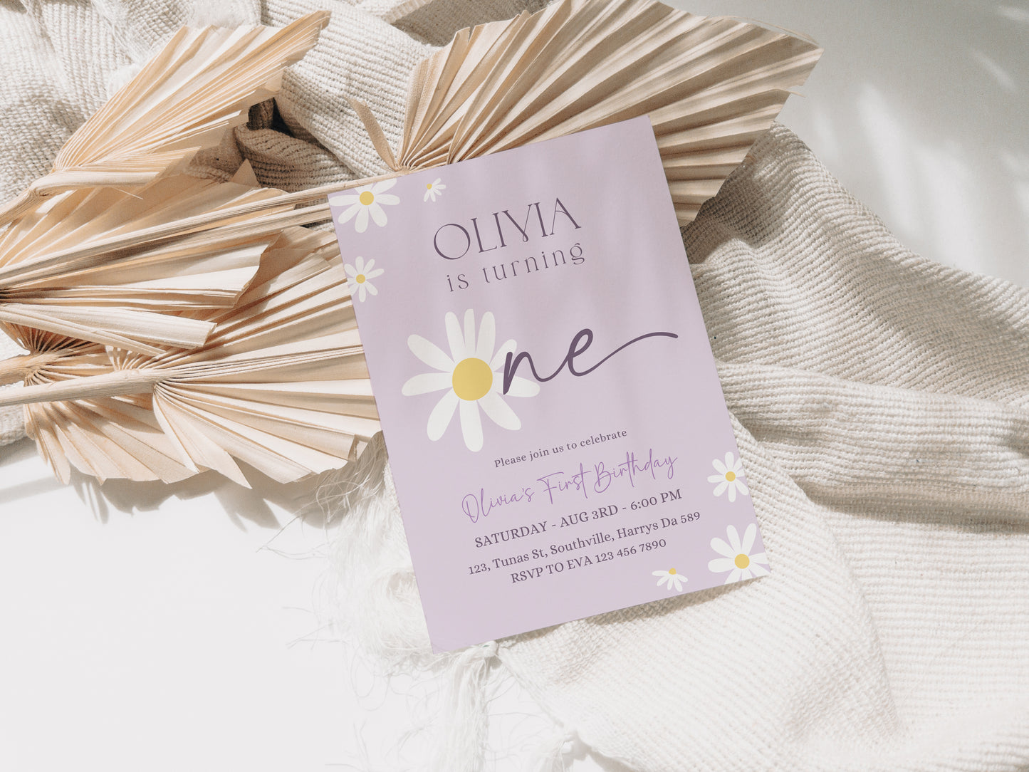 Daisy Birthday Invitation, Daisy 1st Birthday Invite, 1st Birthday Girl, Boho Daisy Invitation, Pastel Purple Daisies, Evite Phone 0659