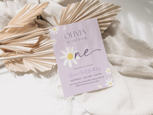 Daisy Birthday Invitation, Daisy 1st Birthday Invite, 1st Birthday Girl, Boho Daisy Invitation, Pastel Purple Daisies, Evite Phone 0659