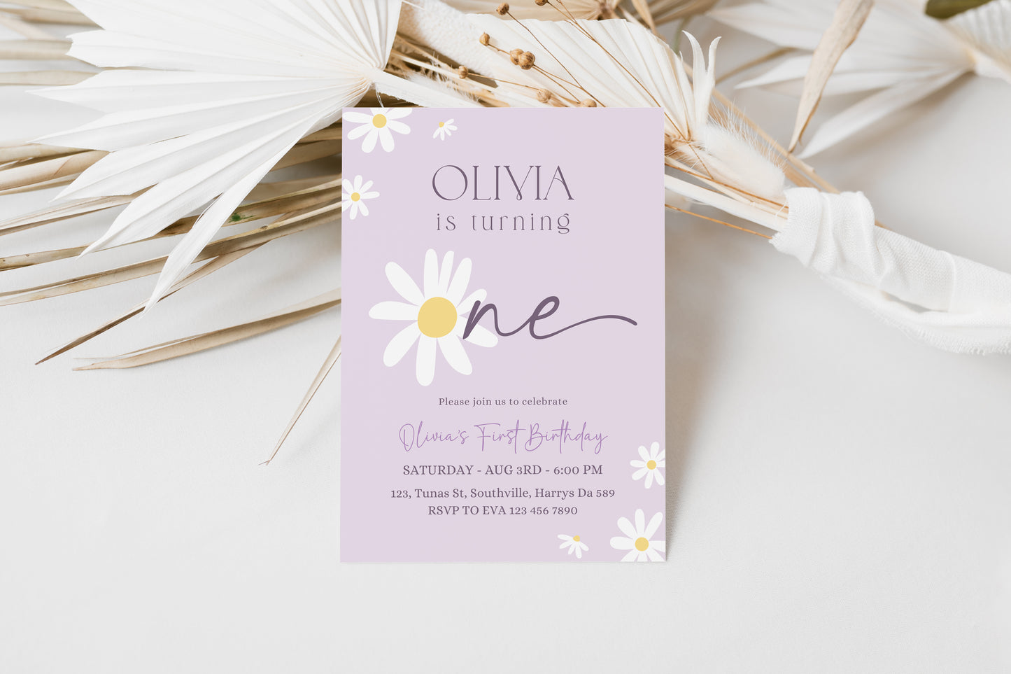 Daisy Birthday Invitation, Daisy 1st Birthday Invite, 1st Birthday Girl, Boho Daisy Invitation, Pastel Purple Daisies, Evite Phone 0659