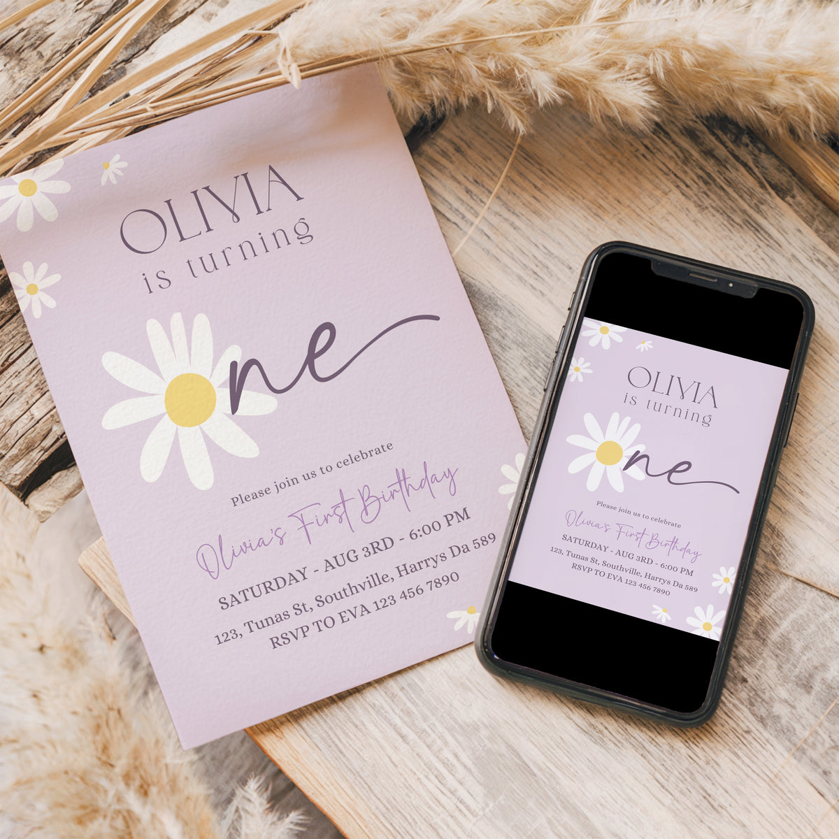 Daisy Birthday Invitation, Daisy 1st Birthday Invite, 1st Birthday Girl, Boho Daisy Invitation, Pastel Purple Daisies, Evite Phone 0659