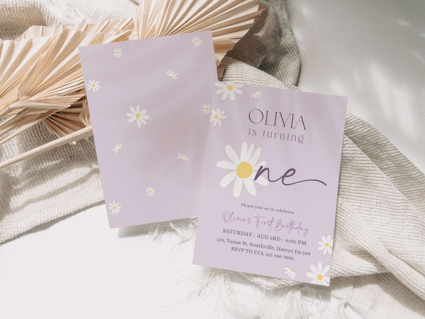 Daisy Birthday Invitation, Daisy 1st Birthday Invite, 1st Birthday Girl, Boho Daisy Invitation, Pastel Purple Daisies, Evite Phone 0659