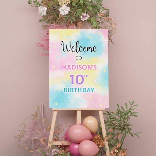 Tie Dye Welcome Sign, Printable Sign Board, Girl Birthday, Digital Download, Edit yourself, Corjl 0287