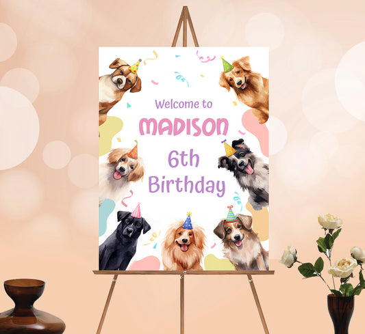 Dog Welcome Sign, Printable Sign Board, Girl Birthday, Digital Download, Edit yourself, Corjl 0261