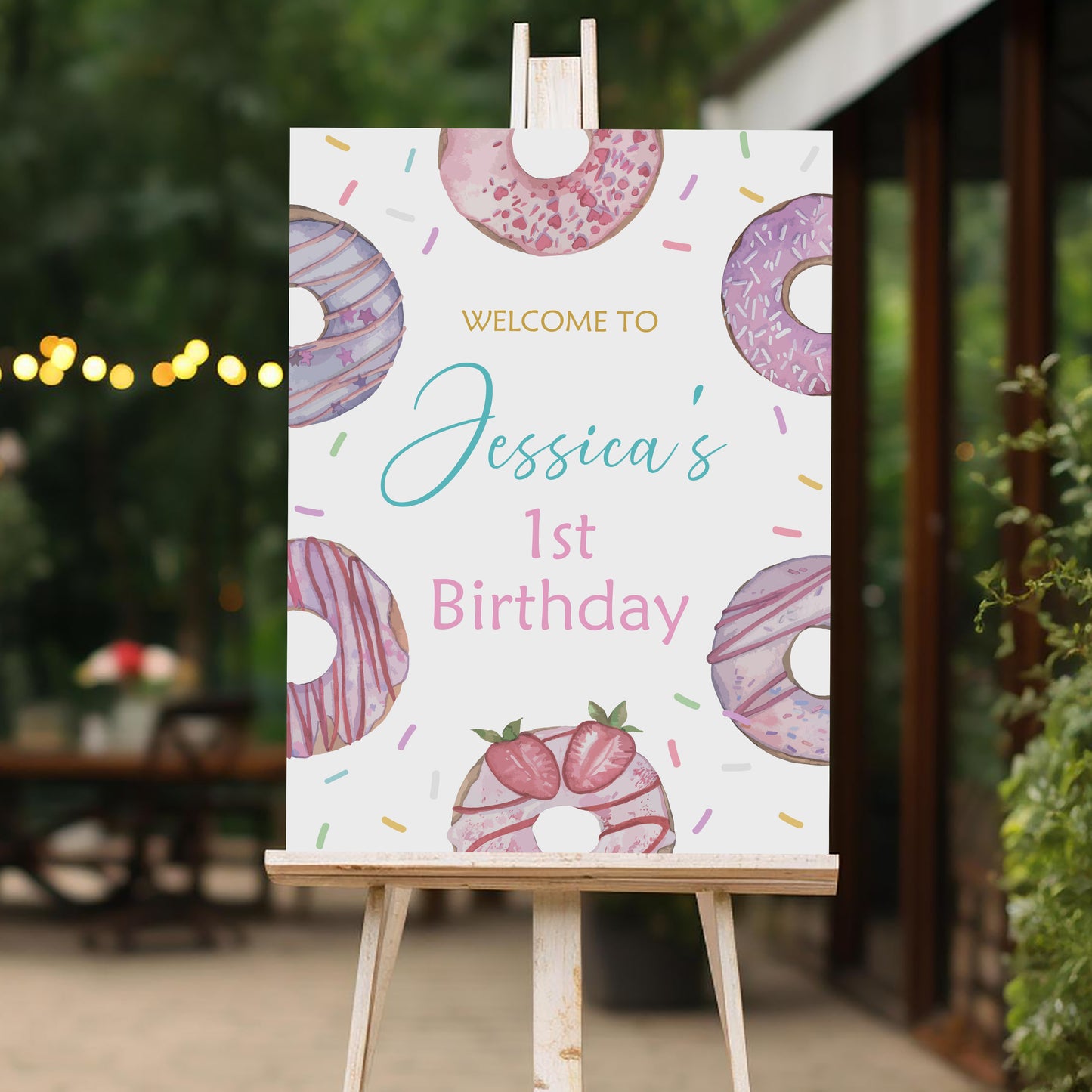 Donut Welcome Sign, Printable Sign Board, Girl Birthday, Digital Download, Edit yourself, Corjl 0309