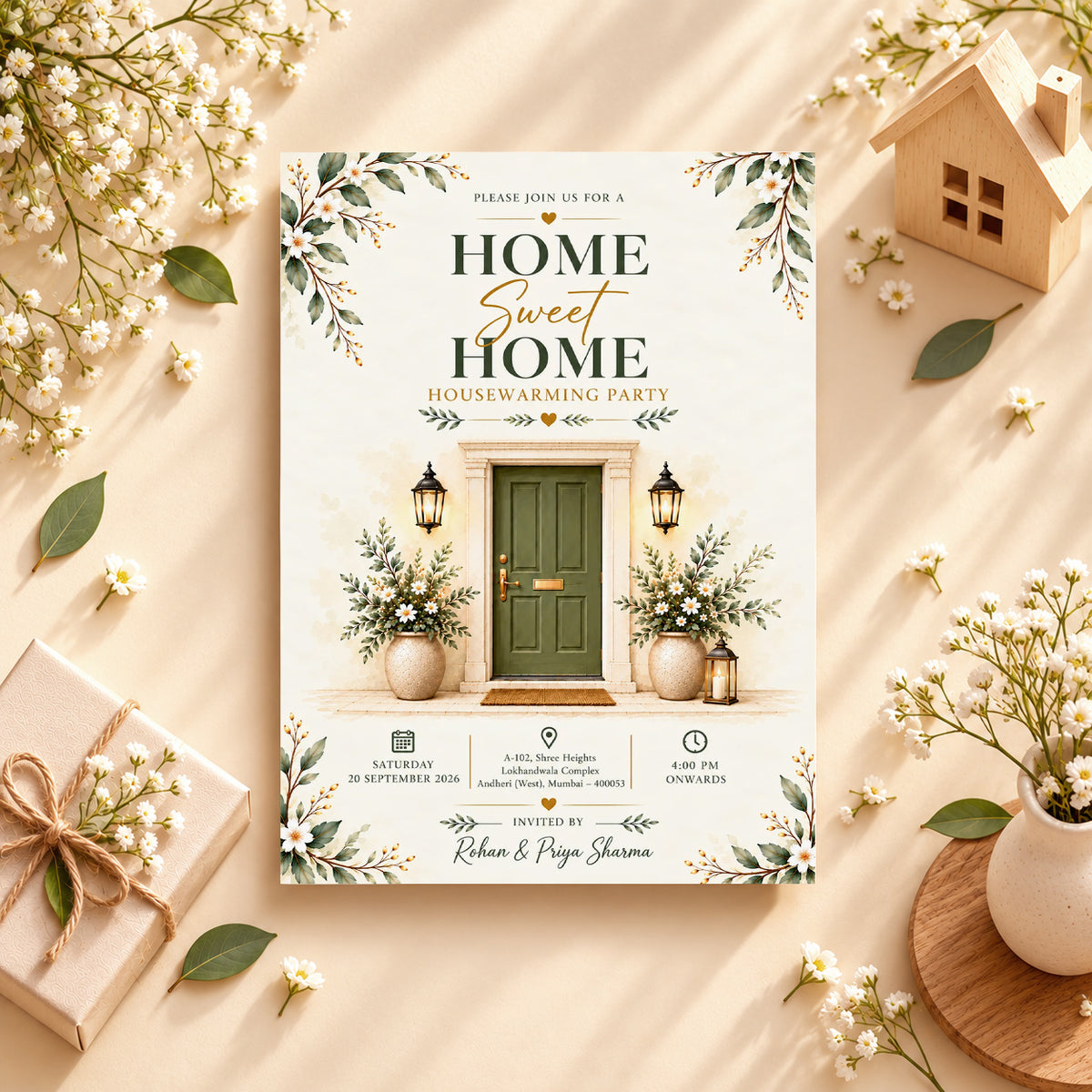 Sage Green Door & Lamp Housewarming Invitation | Digital & Printed