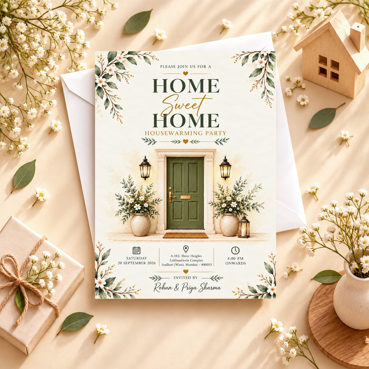 Sage Green Door & Lamp Housewarming Invitation | Digital & Printed