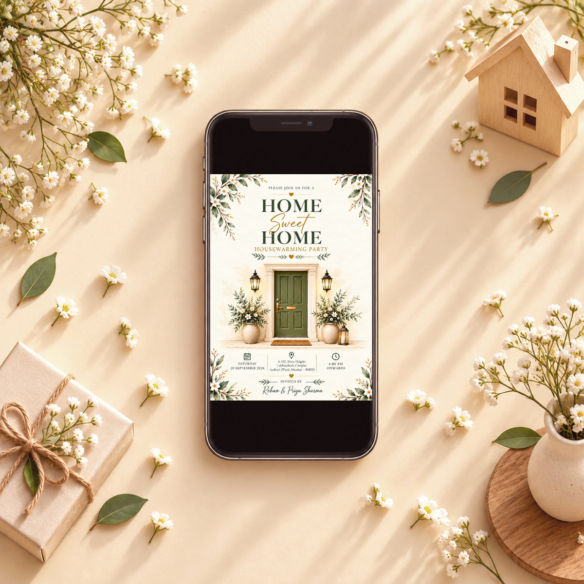 Sage Green Door & Lamp Housewarming Invitation | Digital & Printed