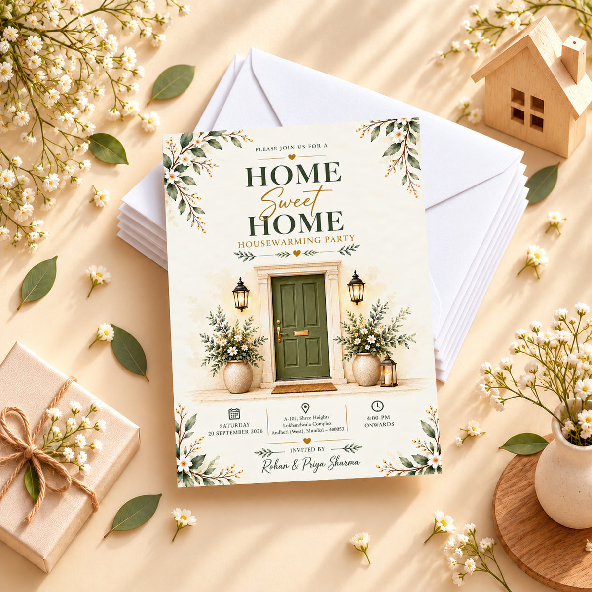 Sage Green Door & Lamp Housewarming Invitation | Digital & Printed
