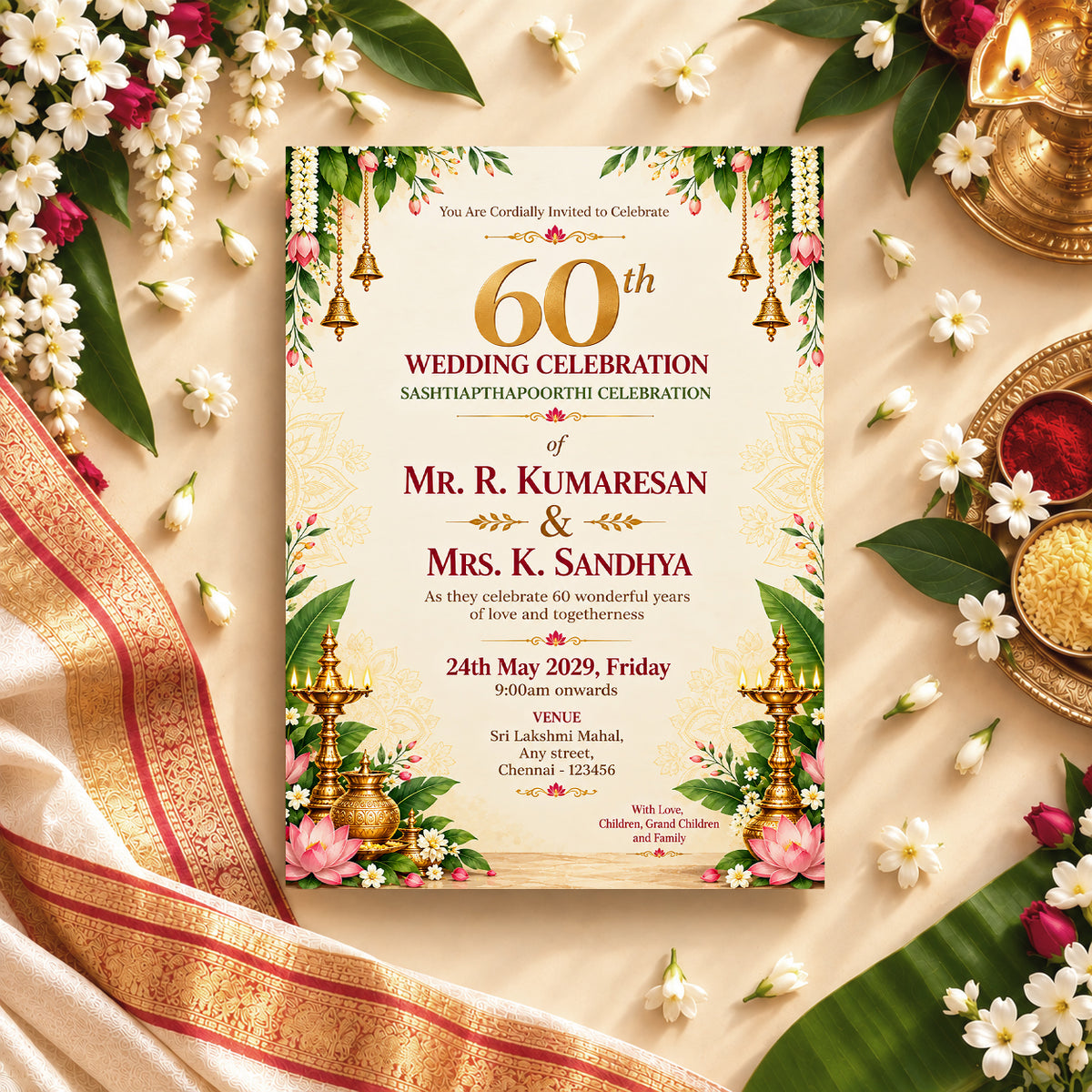 Elegant 60th Wedding Anniversary Invitation | Sashtiapthapoorthi Digital & Printed