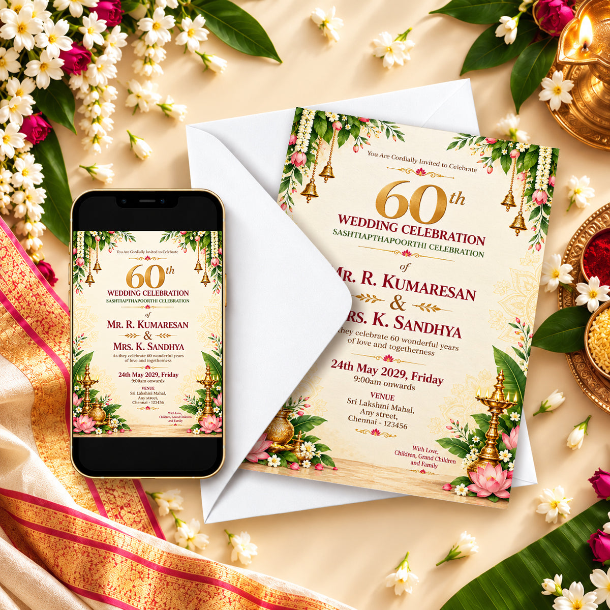 Elegant 60th Wedding Anniversary Invitation | Sashtiapthapoorthi Digital & Printed