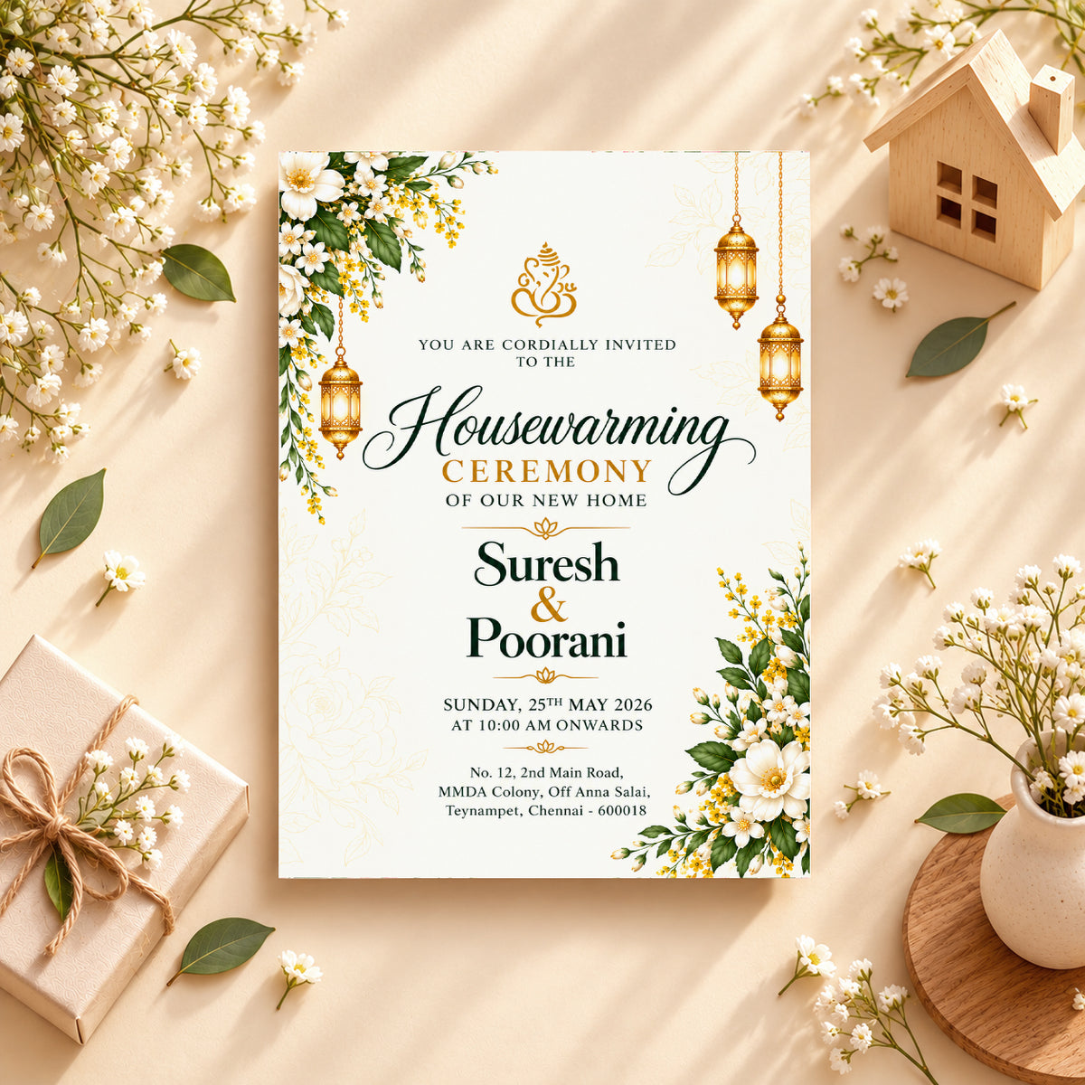 Elegant Gold and Green Housewarming Invitation | Griha Pravesh