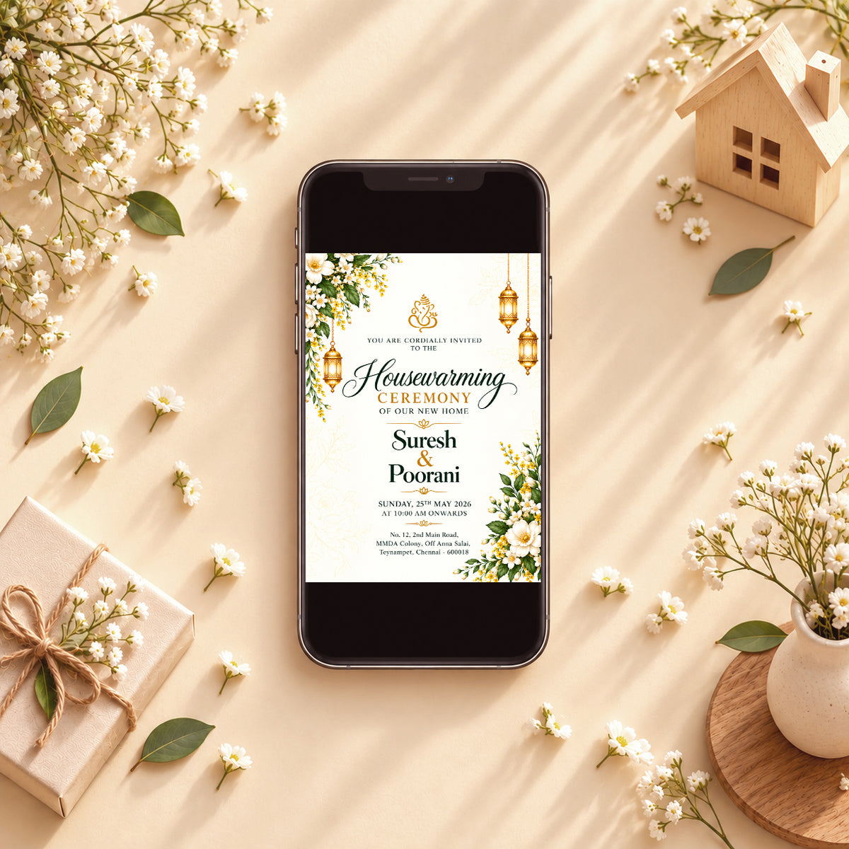 Elegant Gold and Green Housewarming Invitation | Griha Pravesh