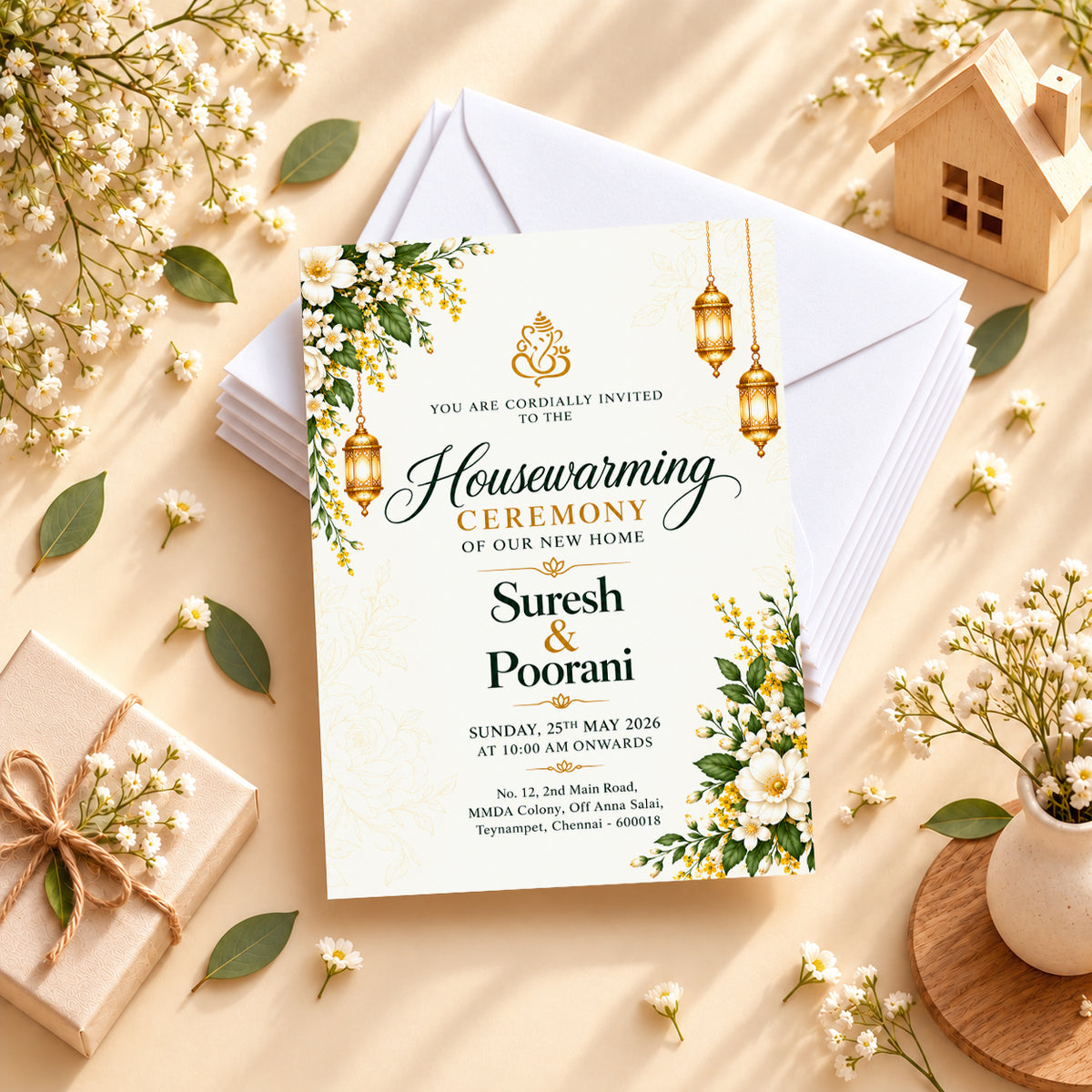 Elegant Gold and Green Housewarming Invitation | Griha Pravesh