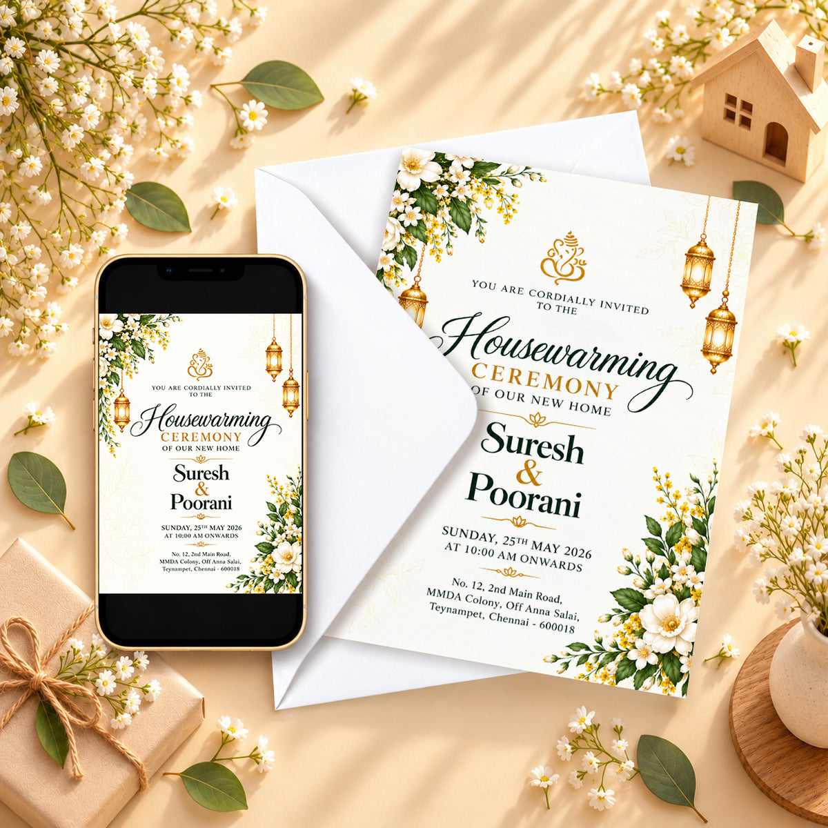 Elegant Gold and Green Housewarming Invitation | Griha Pravesh