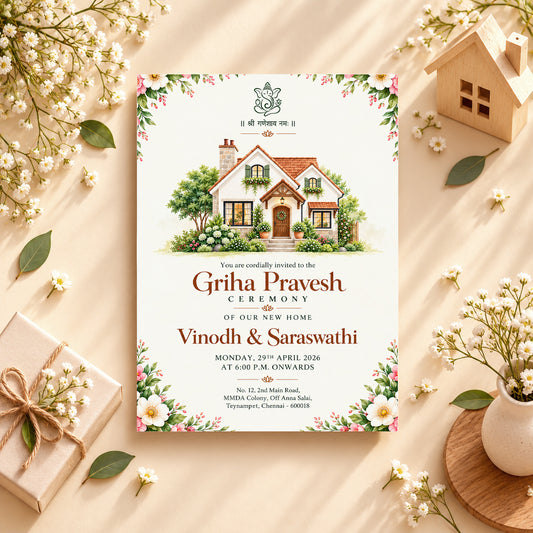 Elegant Griha Pravesh Housewarming Invitation | Indian New Home Ceremony