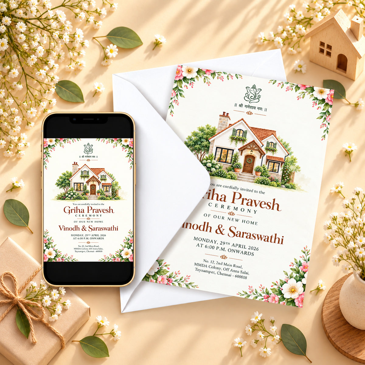 Elegant Griha Pravesh Housewarming Invitation | Indian New Home Ceremony