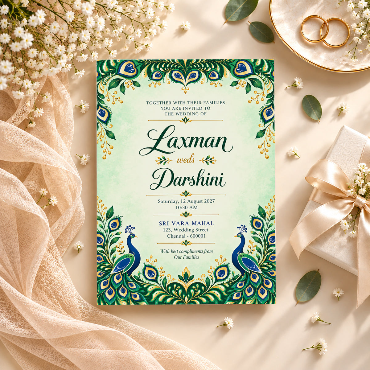 Elegant Peacock Wedding Invitation Card